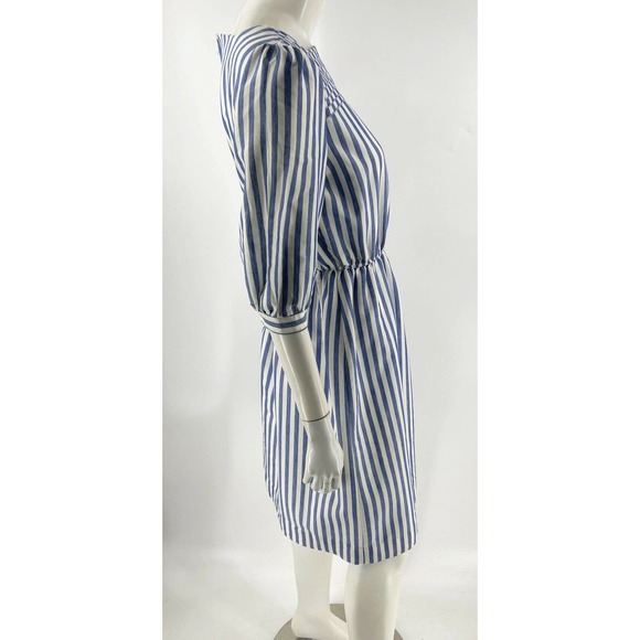 VTG Kathy J Dress 8 Blue White Striped Puff Shoulder Embroidered Elastic Waist - Picture 3 of 6